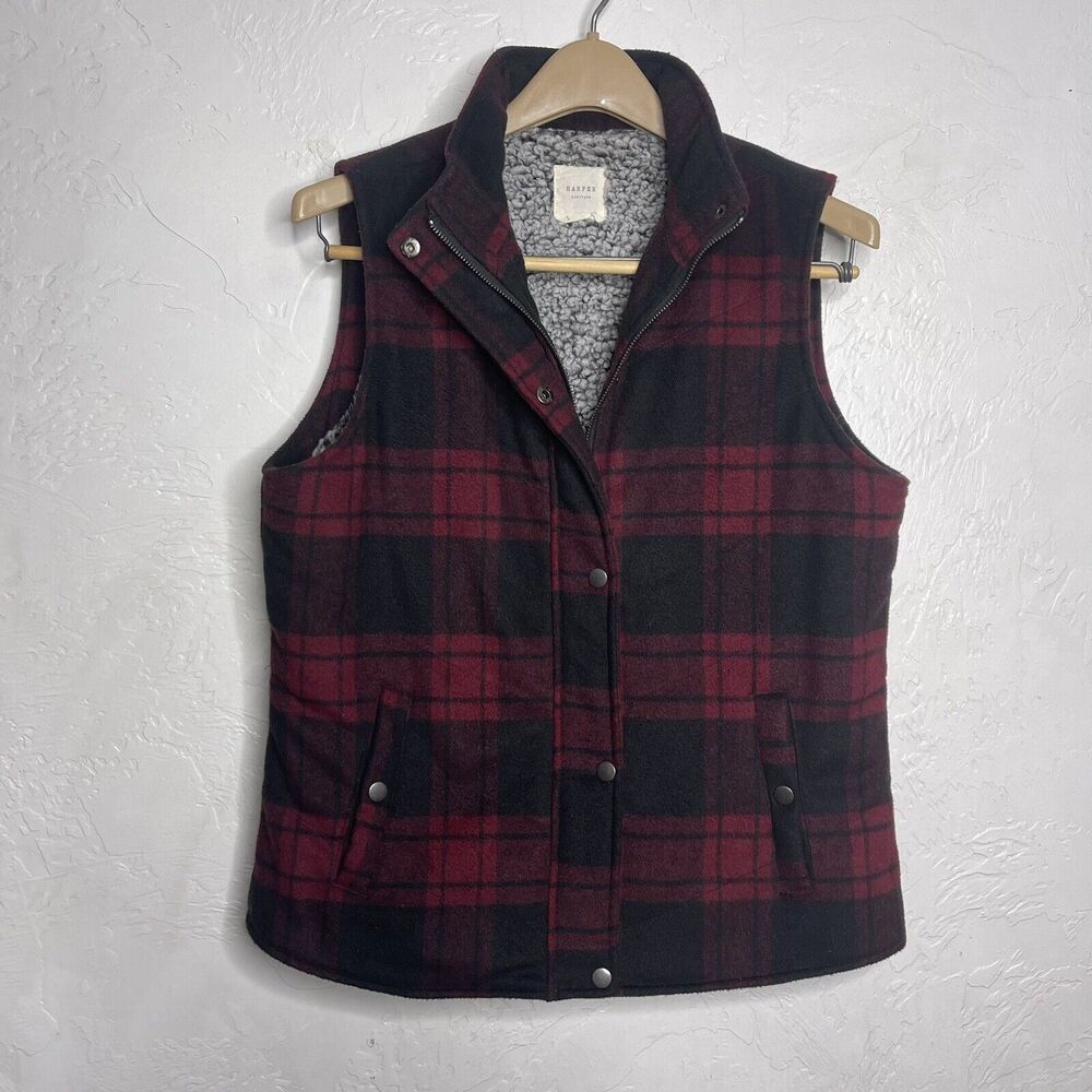 Harper Heritage Boutique Vest Size Small Plaid Full Zip Faux Fur Fleece